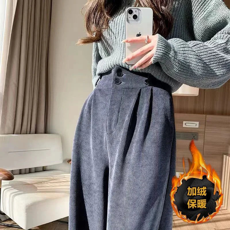 White Corduroy High Waisted Wide Leg Pants For Women Autumn And Winter Velvet Straight Leg Pants Floor Chenille Suit Trousers