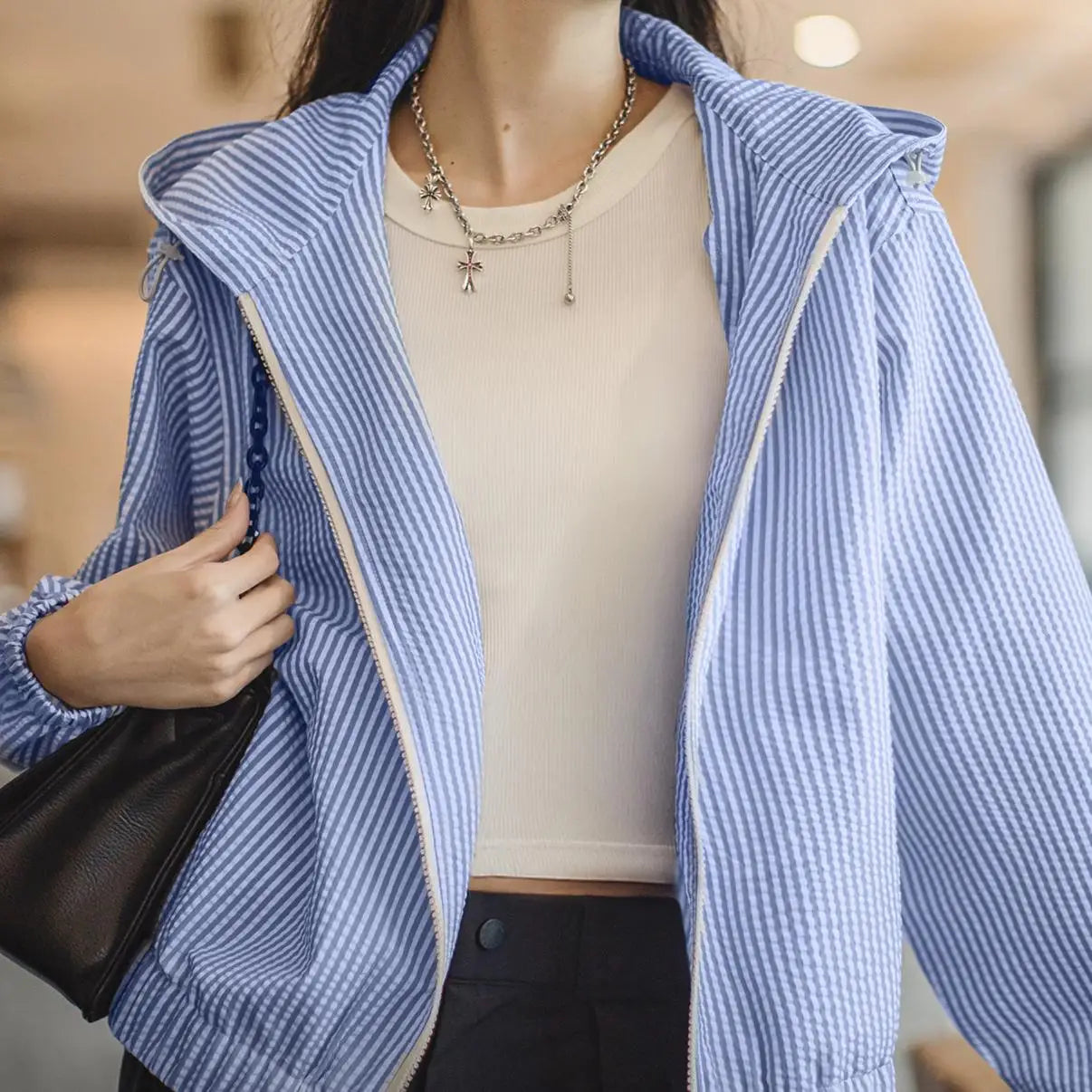 Maden Casual Blue White Striped Hooded Shirt Women's Spring Seersucker Vacation Style Blouse Lightweight Layering Beach Shirts