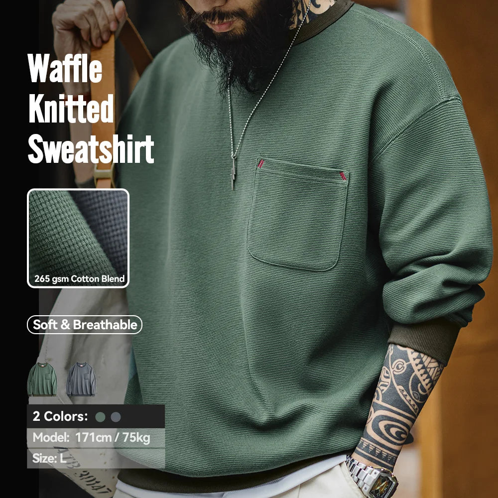 Maden Casual Waffle Knit Pocket Hoodie Men's Spring Loose Fit Long Sleeve Pullover Round Neck Sweatshirt Comfortable T-Shirt