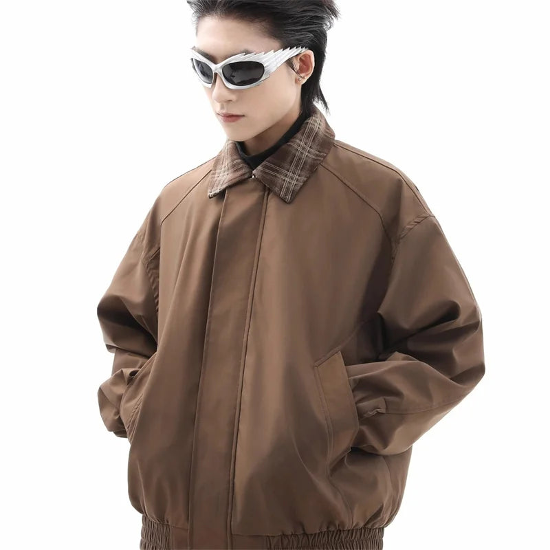 2025 New Plaid Lapel Fake Two-piece Zipper Jacket Men's High Street Fashion Outerwear Coats American Retro Y2K jaqueta masculina