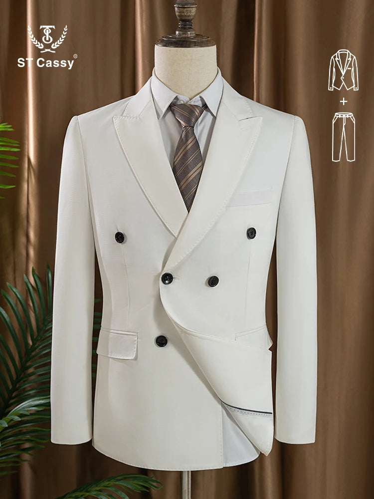 ST cassy 2 Piece White Double Breasted Suit Set  Business Wedding Outfit Classic Stylish Blazer Pants Trendy Elegant