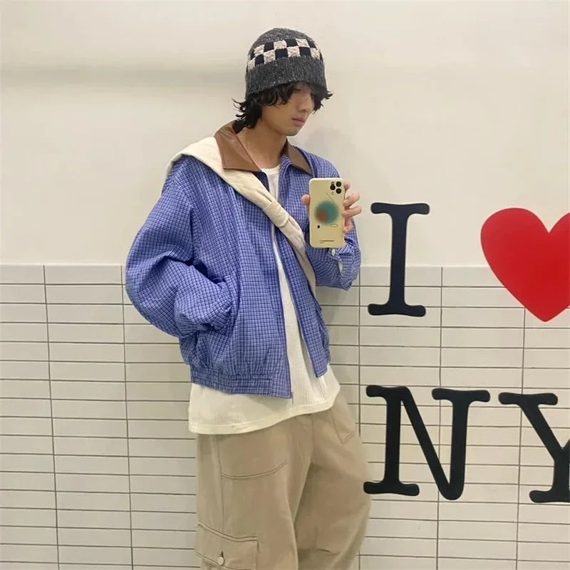 2025 Autumn High Street Plaid Jackets For Men Casual Y2K Vintage Streetwear Zipper Coats Hip Hop Fashion Motorcycle Jacket