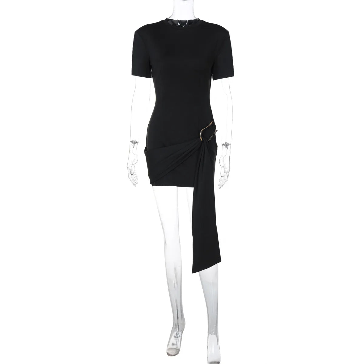 XIAOTANG Short Sleeve Draped Sexy Mini Dress For Women Black Metal Buckle O Neck High Waist Bodycon Club Dress Vestido Clothes