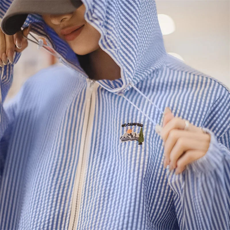 Maden Casual Blue White Striped Hooded Shirt Women's Spring Seersucker Vacation Style Blouse Lightweight Layering Beach Shirts
