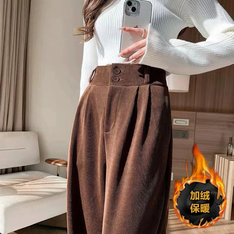 White Corduroy High Waisted Wide Leg Pants For Women Autumn And Winter Velvet Straight Leg Pants Floor Chenille Suit Trousers
