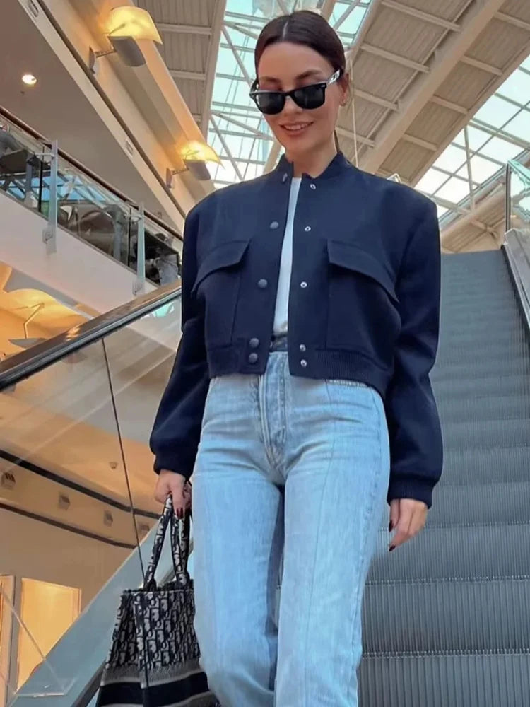 MUJER 2025 Woman Bomber Jacket White Autumn Winter Button Cropped Jackets for Women Fashion Long Sleeve Women Coats Outerwears