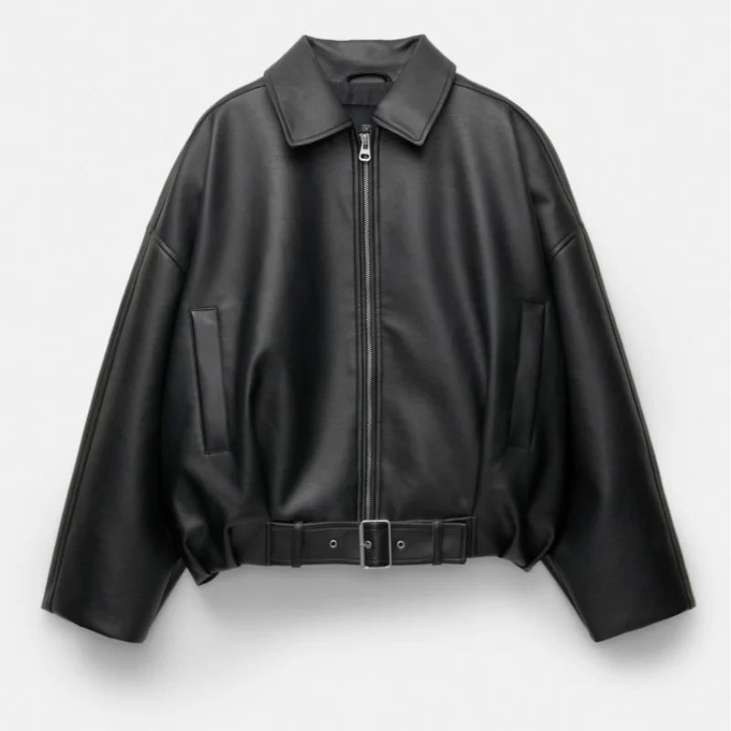 ﻿ Women's Fashion Lapel PU Leather Jacket Loose Full Sleeve Zipper Waist Belt Lace Up Coats 2025 Autumn Lady Casual Streetwear