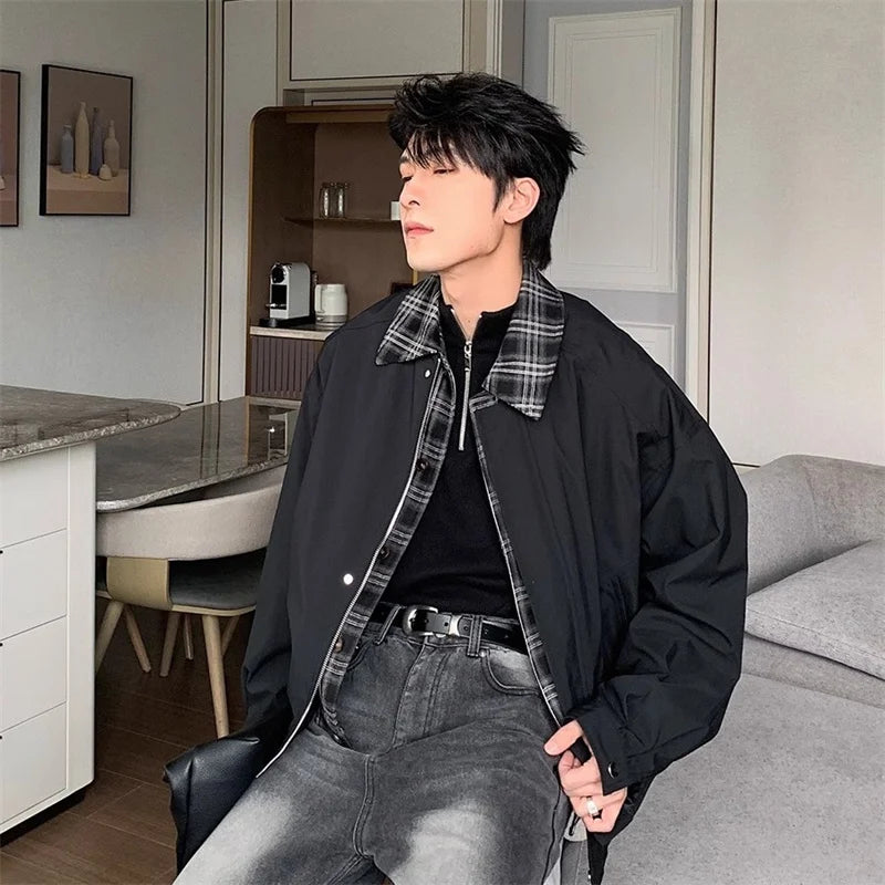 2025 New Plaid Lapel Fake Two-piece Zipper Jacket Men's High Street Fashion Outerwear Coats American Retro Y2K jaqueta masculina