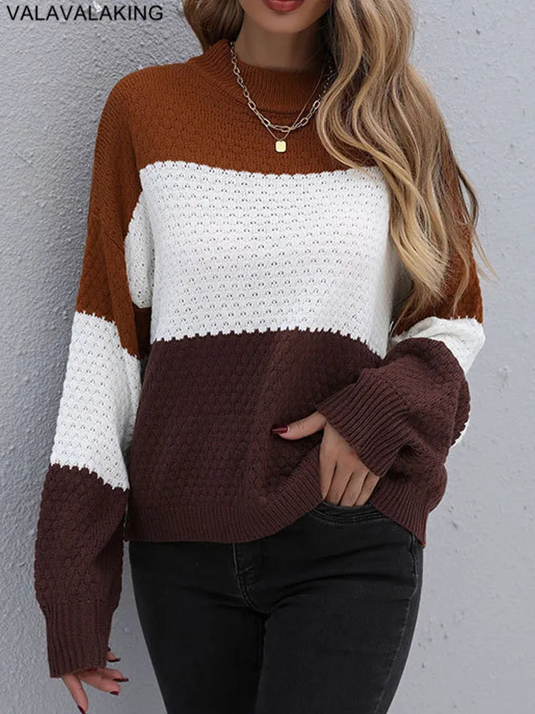 2025 Winter Solid Patchwork Knitted Sweater Women Long Sleeve Loose Pullover Autumn Lady Half High Collar Casual Warm Jumper