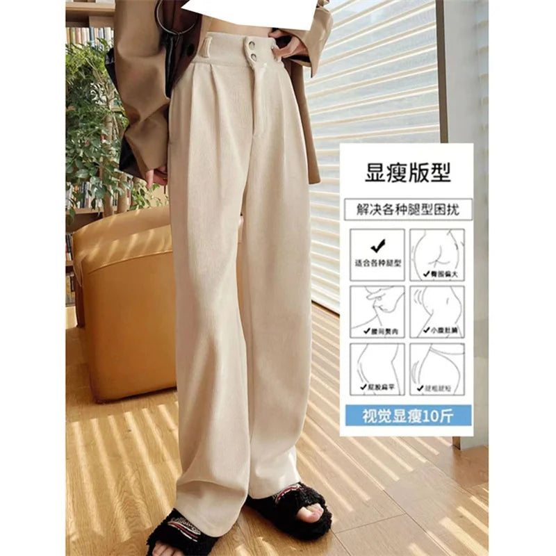 White Corduroy High Waisted Wide Leg Pants For Women Autumn And Winter Velvet Straight Leg Pants Floor Chenille Suit Trousers