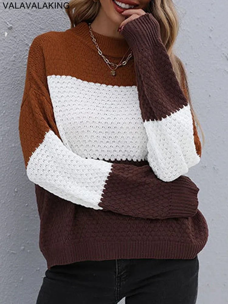 2025 Winter Solid Patchwork Knitted Sweater Women Long Sleeve Loose Pullover Autumn Lady Half High Collar Casual Warm Jumper