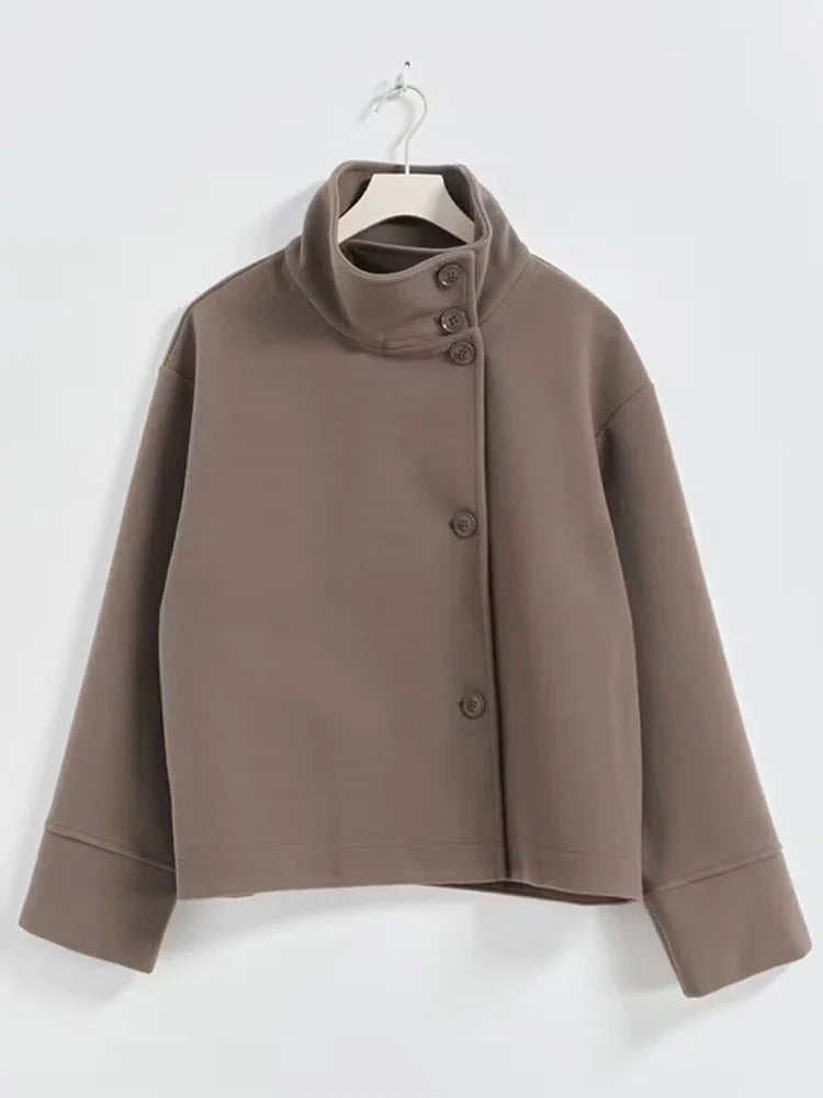 Women Solid Woolen Blend Casual Coat Stand Collar Long Sleeve Single Breasted Fashion Jacket Autumn Lady High Street New Outwear