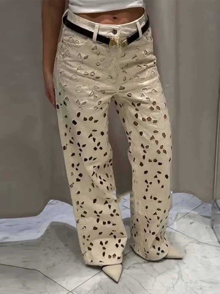 Chic Beige Mid-Rise Cut-Out Denim Jeans Pant For Women Designer Women's Wide Leg Baggy Pants Casual Daily Streetwear Trousers