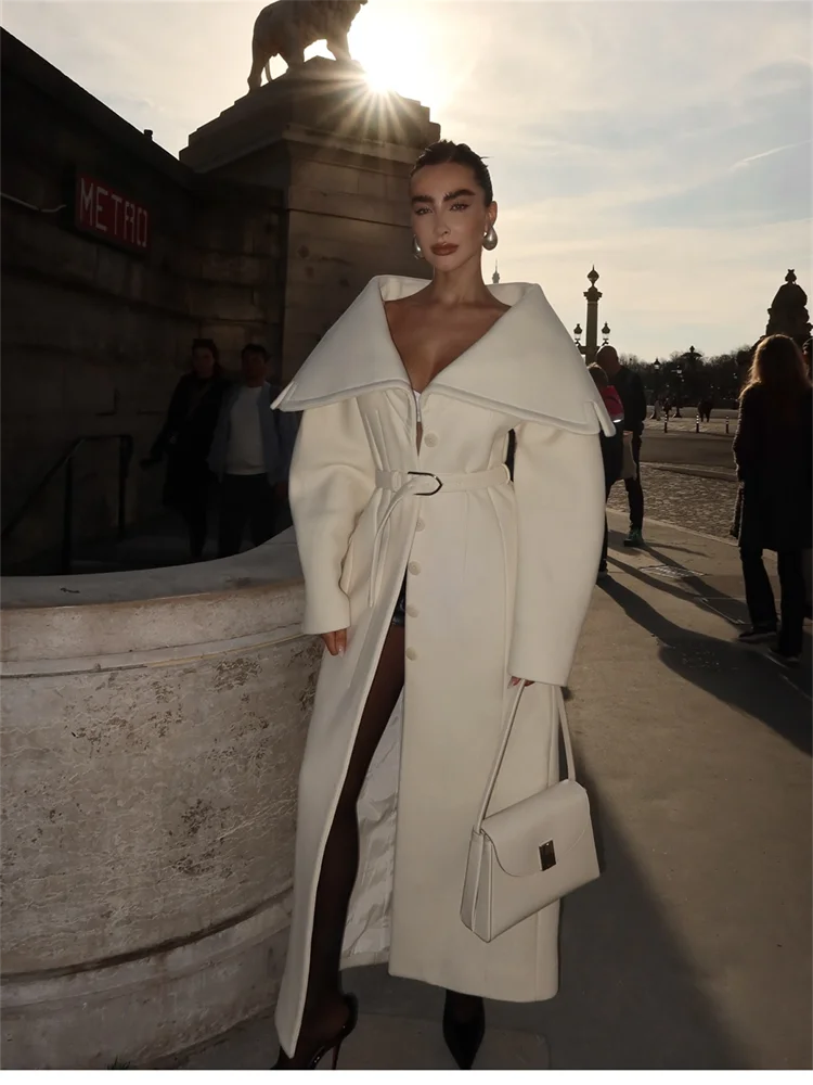 Elegant Women's Wool Blend Maxi Dress Coat Oversized Cape Lapel Belted Chic Outerwear Loose Warm Autumn Winter Fashion Outfit