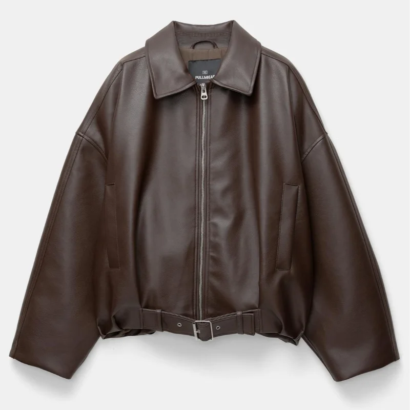 ﻿ Women's Fashion Lapel PU Leather Jacket Loose Full Sleeve Zipper Waist Belt Lace Up Coats 2025 Autumn Lady Casual Streetwear