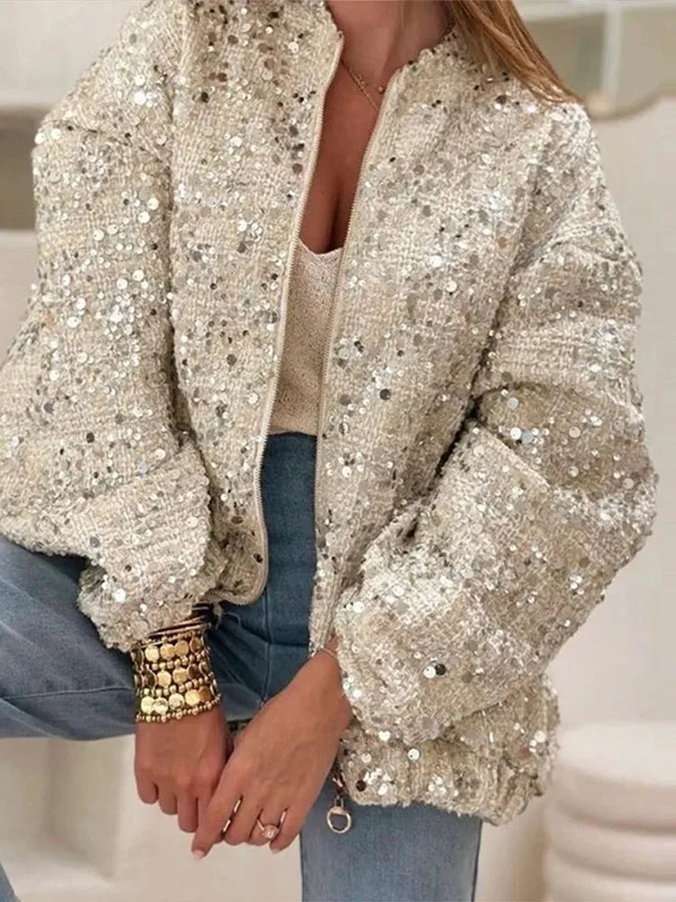 Sparkly Women's Loose Fit Sequin Jacket Coat Stand Collar Zip-Up Silver Cropped Outerwears Chic Autumn Casual Daily Streetwear