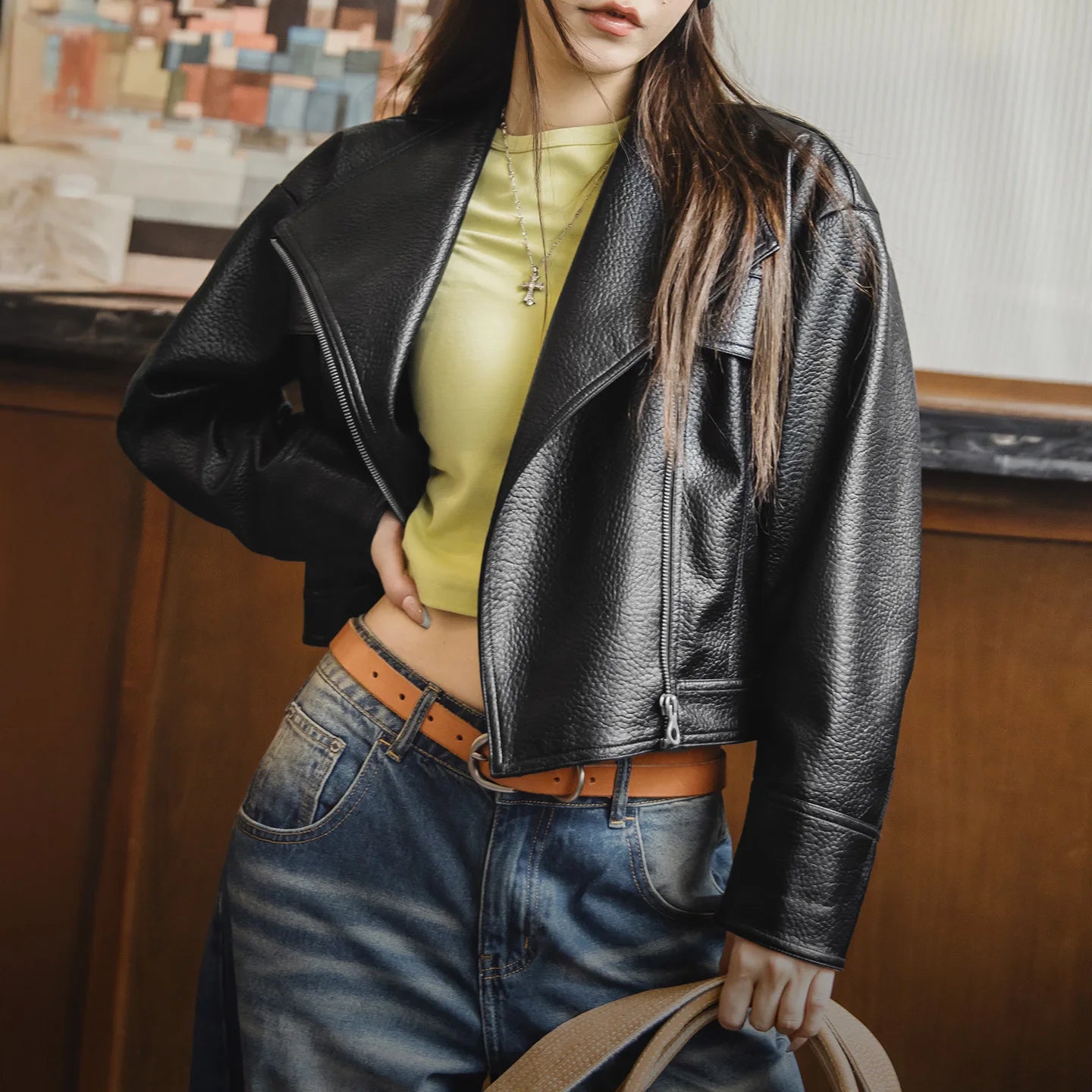 Maden Women's Retro Black Faux Leather Jacket Cropped Motorcycle Style Zipper Jackets Versatile Autumn and Spring Outerwear