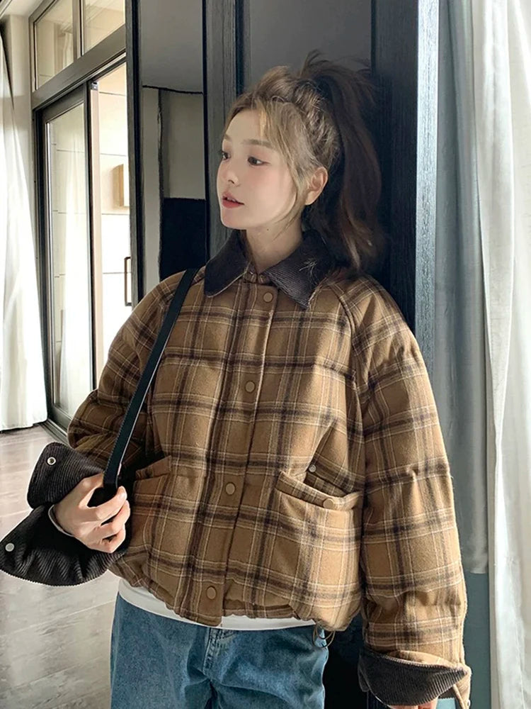 Zoki Warm Vintage Plaid Parkas Women Loose Long Sleeve Winter Thick Cotton Coat Korean Casual Pockets Cute Sweet Jacket Tops New