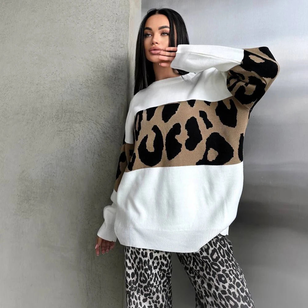 Autumn Winter Vintage Leopard Print Women's Sweater Loose Causal Oversized Knitwear Women Fashion Oneck Female Clothing 2024 New