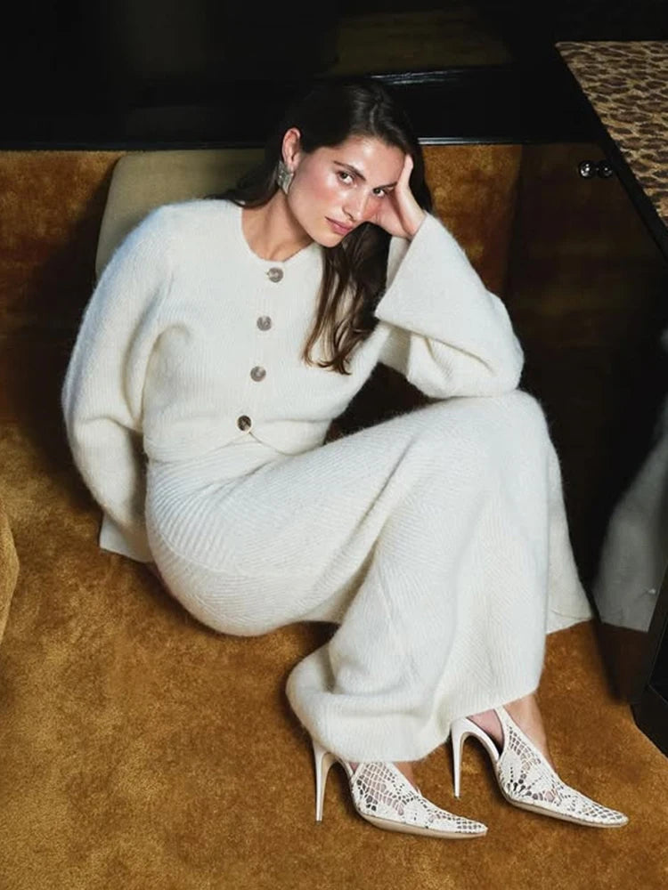 Women Casual Single Breasted Skirt Suit Long Sleeves Round Neck Solid Knitted Cardigan Set Daily Fashion Autumn Commute Dresses