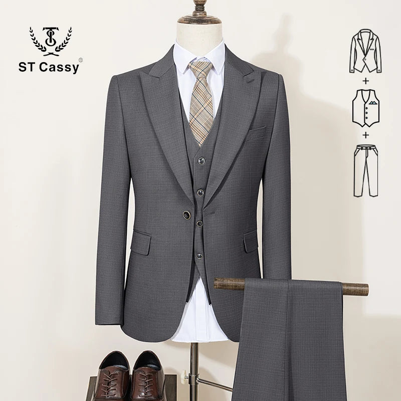 ST Cassy High Quality Men's Suit Summer thin breathable Slim Fit Formal Business Office Men's Suits（jacket+Vest+Pants）