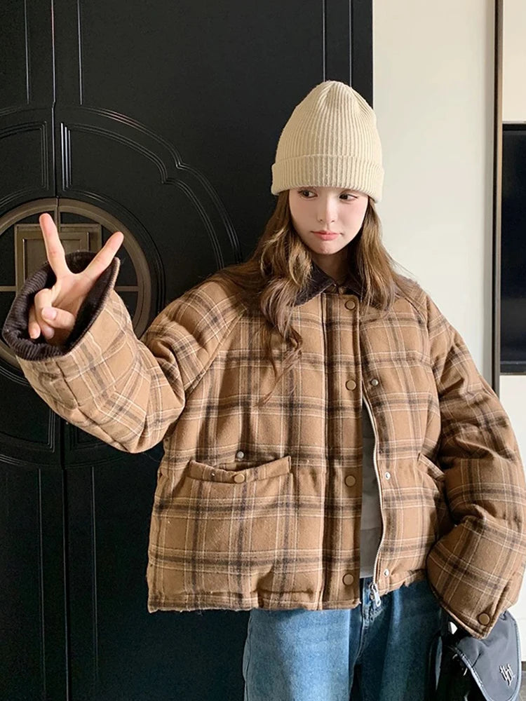 Zoki Warm Vintage Plaid Parkas Women Loose Long Sleeve Winter Thick Cotton Coat Korean Casual Pockets Cute Sweet Jacket Tops New