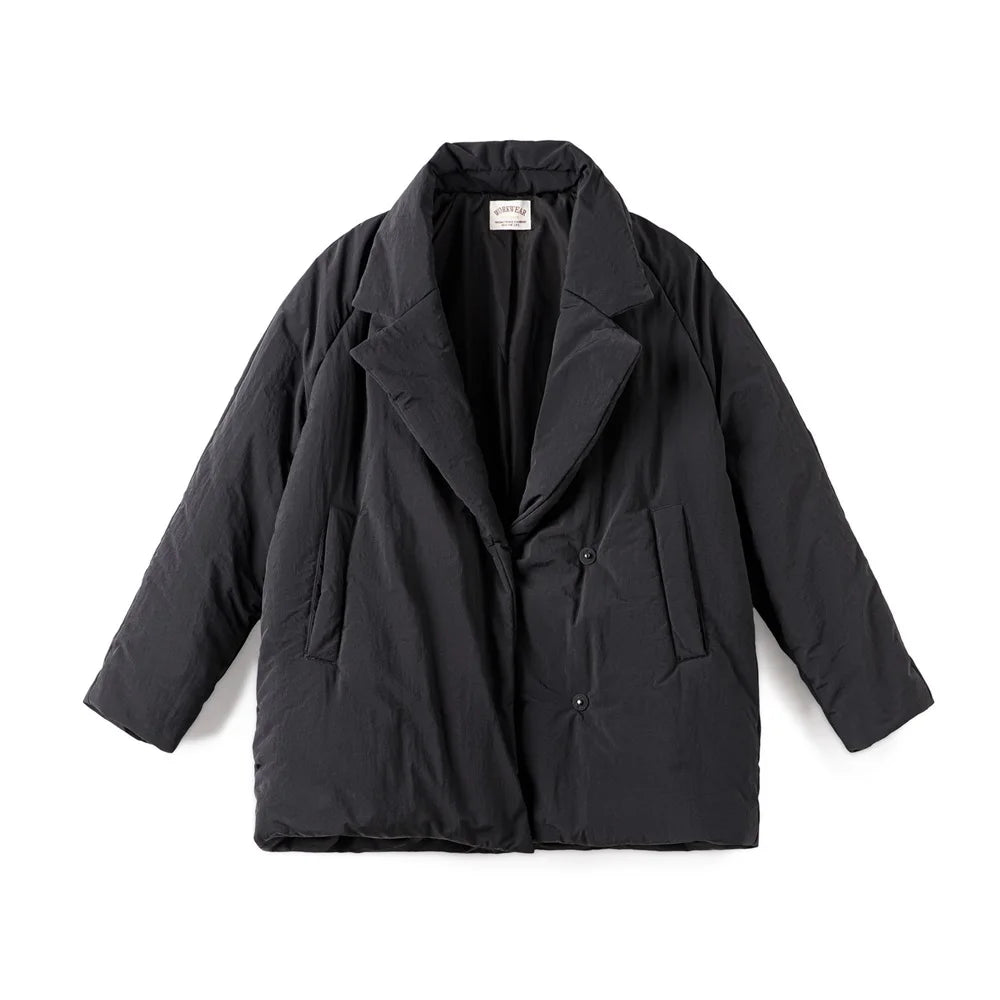 Maden Women's Cotton-padded Lapel Coat Loose Fit Warm Short Puffer Jacket Casual Commuter Black Korea Parkas Winter Outerwear