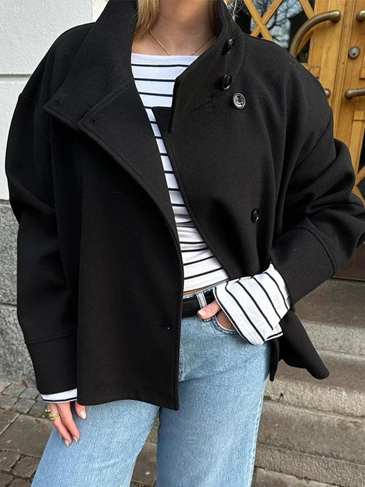 Women Solid Woolen Blend Casual Coat Stand Collar Long Sleeve Single Breasted Fashion Jacket Autumn Lady High Street New Outwear