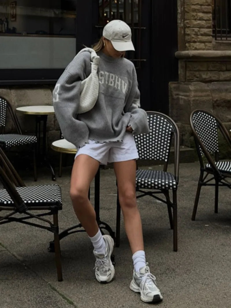 Trendy Loose Letter Jacquard Knitted Pullover Women's 2025 Autumn New Highstreet Gray Black Soft Sweater Hottie Versatile Pieces