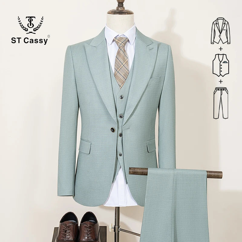 ST Cassy High Quality Men's Suit Summer thin breathable Slim Fit Formal Business Office Men's Suits（jacket+Vest+Pants）