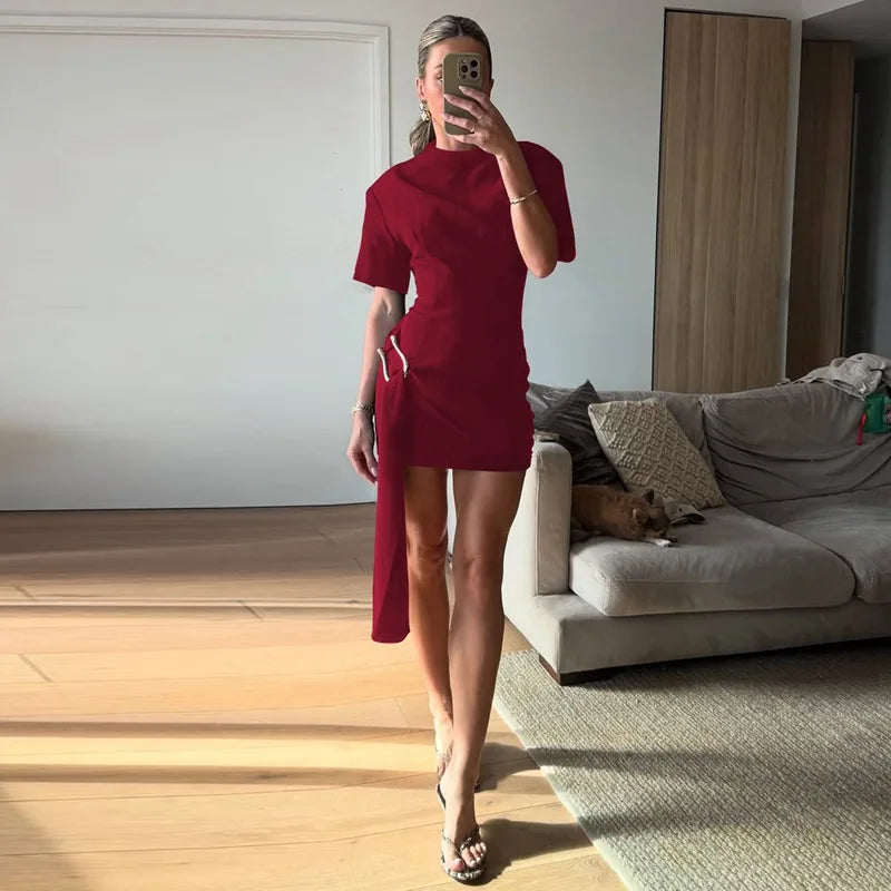 XIAOTANG Short Sleeve Draped Sexy Mini Dress For Women Black Metal Buckle O Neck High Waist Bodycon Club Dress Vestido Clothes