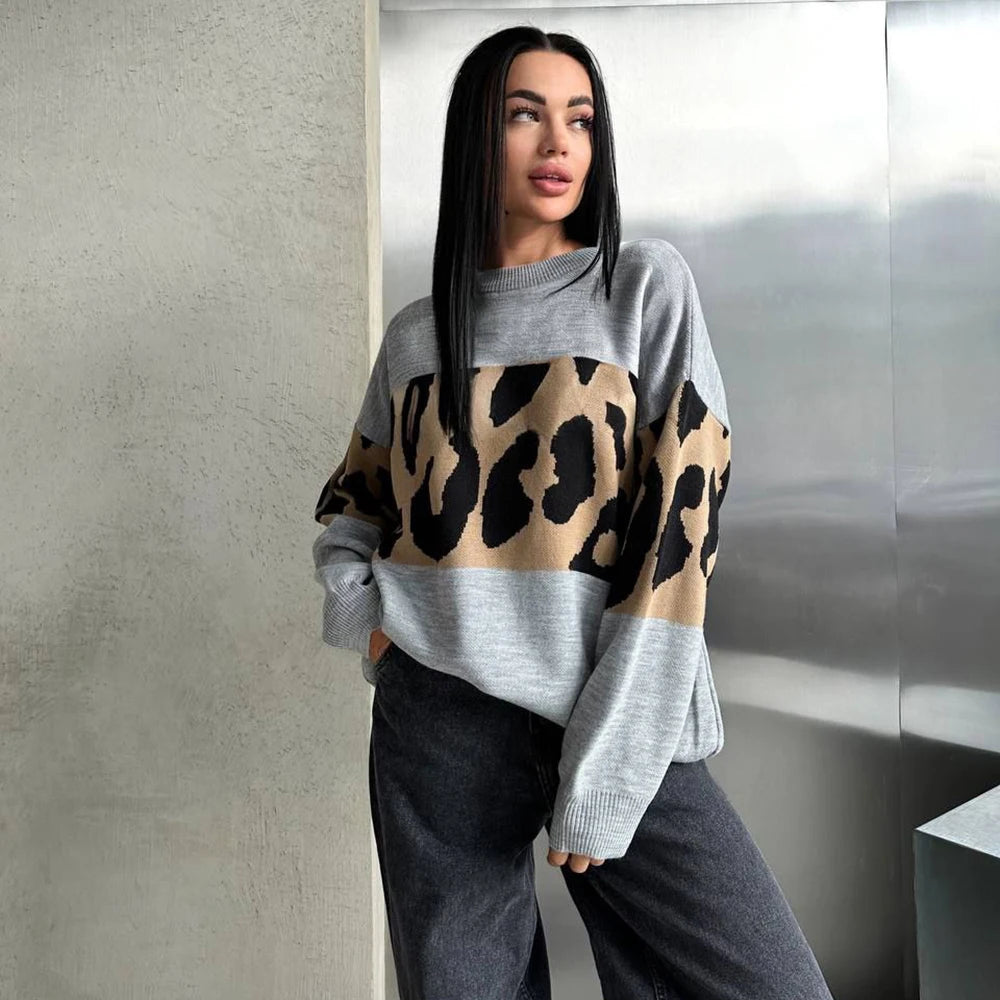 Autumn Winter Vintage Leopard Print Women's Sweater Loose Causal Oversized Knitwear Women Fashion Oneck Female Clothing 2024 New