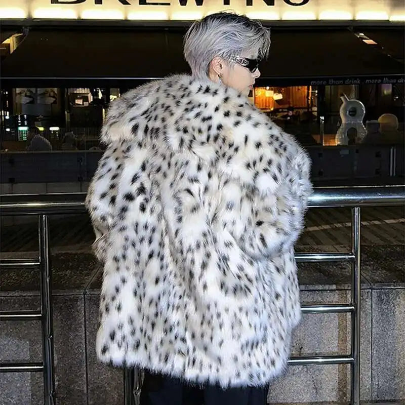 LUZHEN Leopard Print Niche Imitation Fur Tops Turn-down Collar Personalized Functional Warm Coat Elegance Trendy Male LZ7986