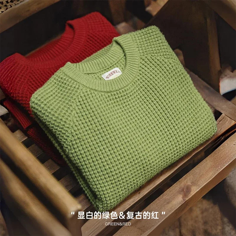 Maden Women’s Knitted Sweater Pineapple Texture Loose Thickened Pullover Knitwear Raglan Sleeve Green Autumn Winter Tops