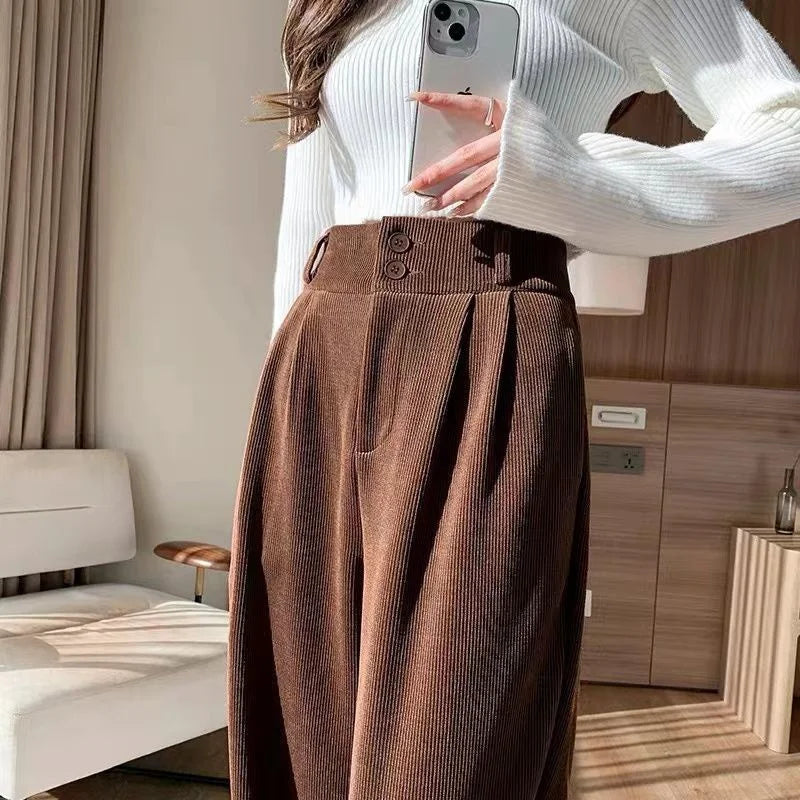 White Corduroy High Waisted Wide Leg Pants For Women Autumn And Winter Velvet Straight Leg Pants Floor Chenille Suit Trousers