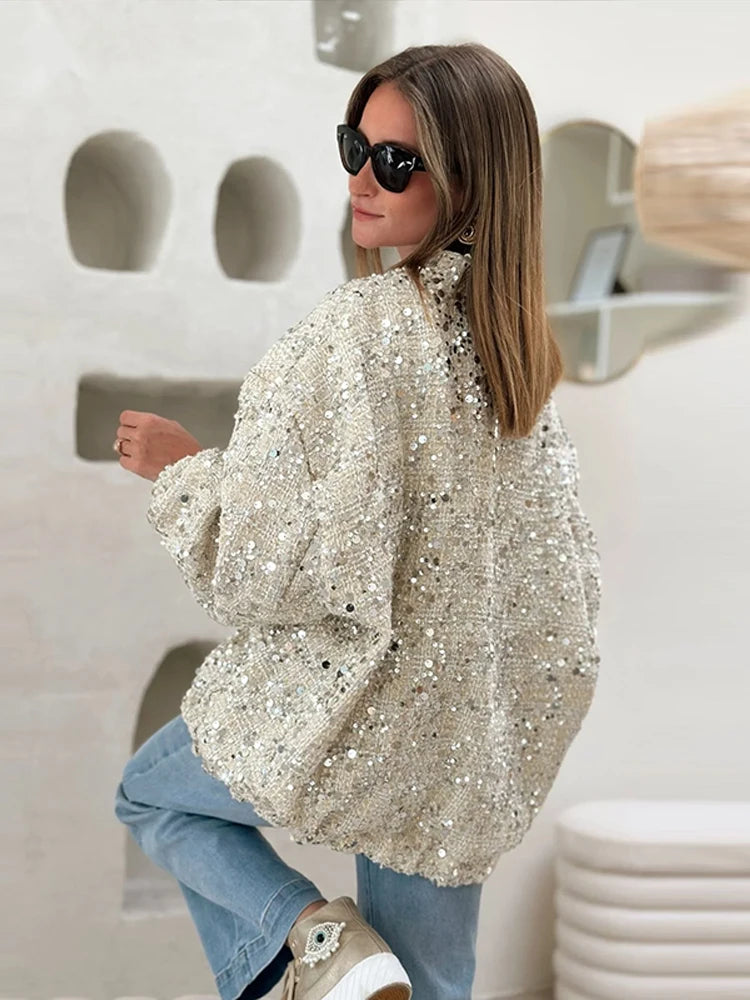 Sparkly Women's Loose Fit Sequin Jacket Coat Stand Collar Zip-Up Silver Cropped Outerwears Chic Autumn Casual Daily Streetwear