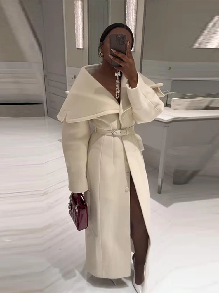 Elegant Women's Wool Blend Maxi Dress Coat Oversized Cape Lapel Belted Chic Outerwear Loose Warm Autumn Winter Fashion Outfit