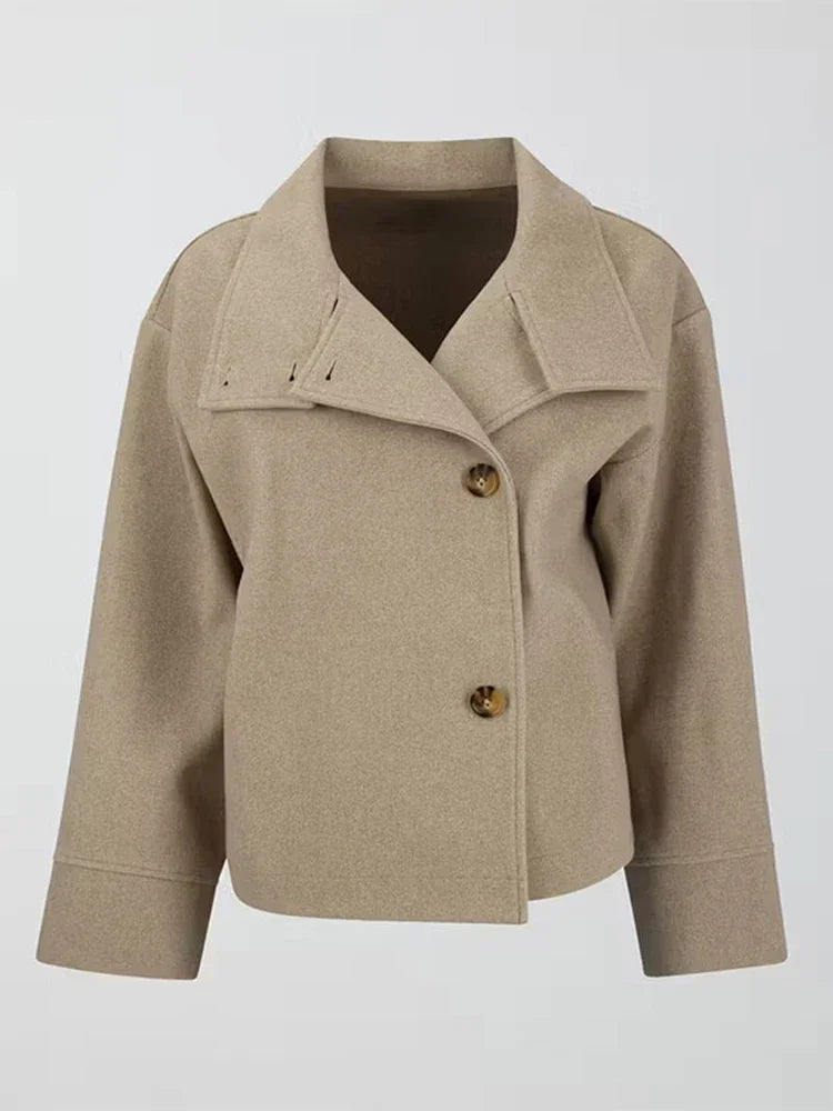 Women Solid Woolen Blend Casual Coat Stand Collar Long Sleeve Single Breasted Fashion Jacket Autumn Lady High Street New Outwear
