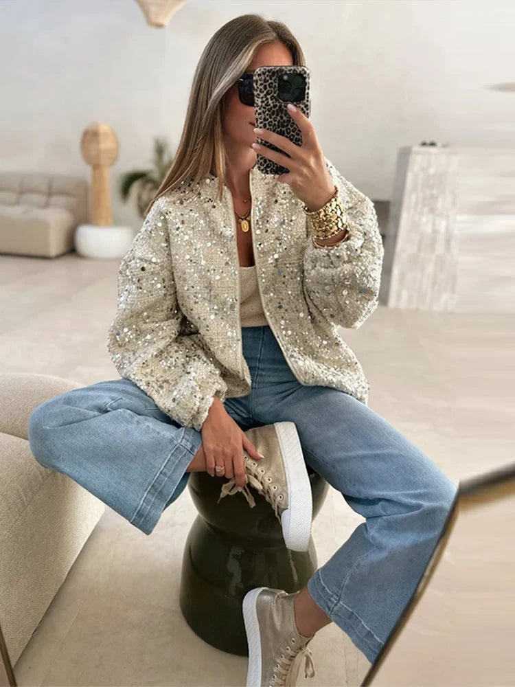 Sparkly Women's Loose Fit Sequin Jacket Coat Stand Collar Zip-Up Silver Cropped Outerwears Chic Autumn Casual Daily Streetwear