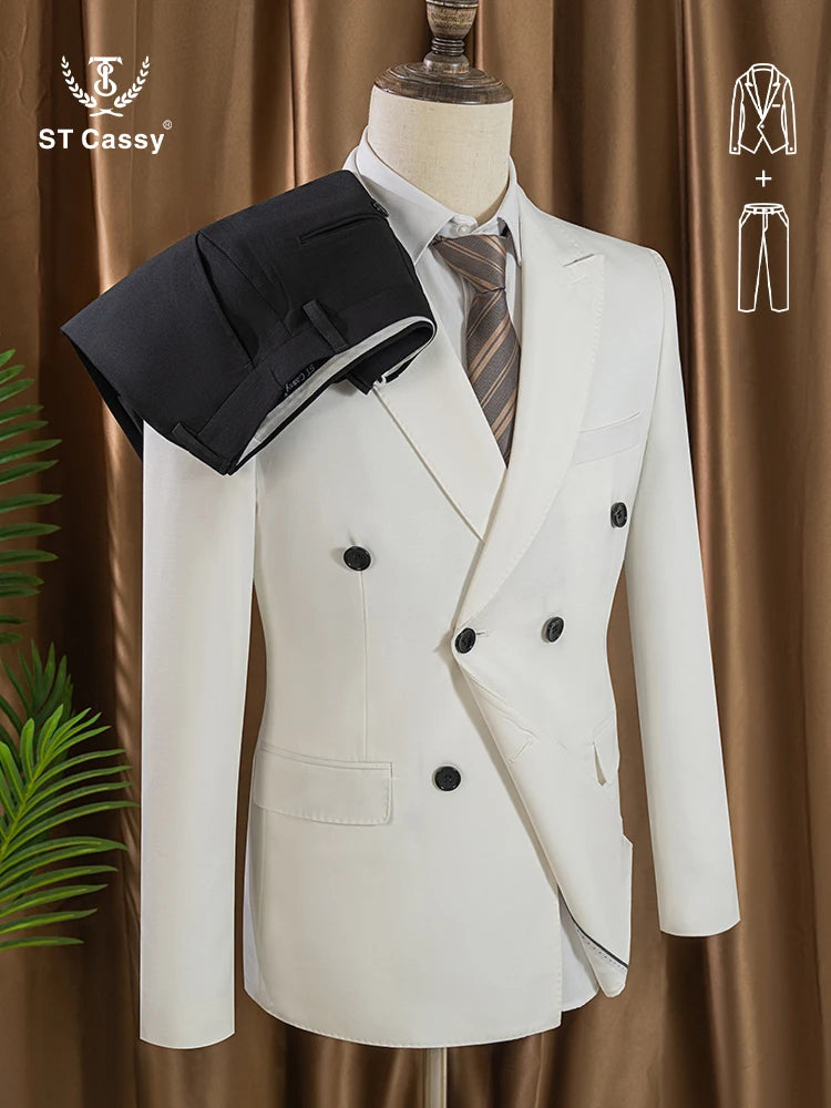ST cassy 2 Piece White Double Breasted Suit Set  Business Wedding Outfit Classic Stylish Blazer Pants Trendy Elegant