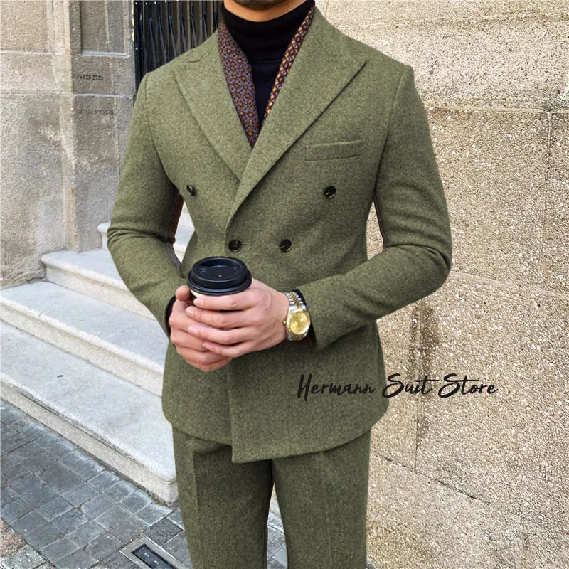 Man suit 2-piece set High quality Blazers Suit Pants Business Leisure slim fit suit Double Breasted Peak Lapel Wedding Tuxedos