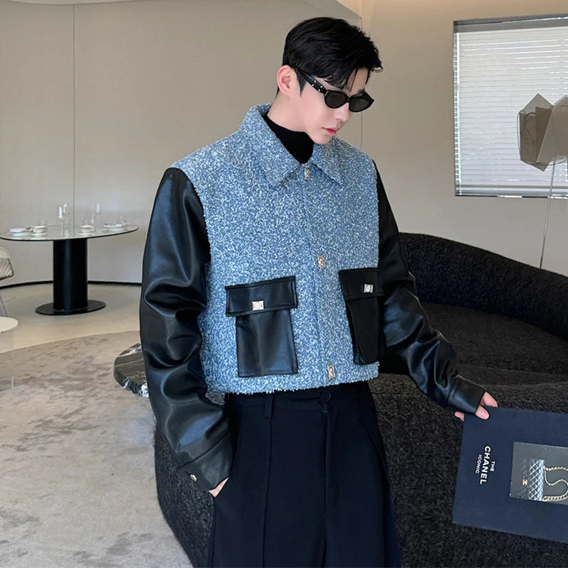 LUZHEN Spring Fabric Short Fashion Jackets Patchwork Faux Leather Color Contrast Trendy Casual Outerwear Male Clothes LZ6326