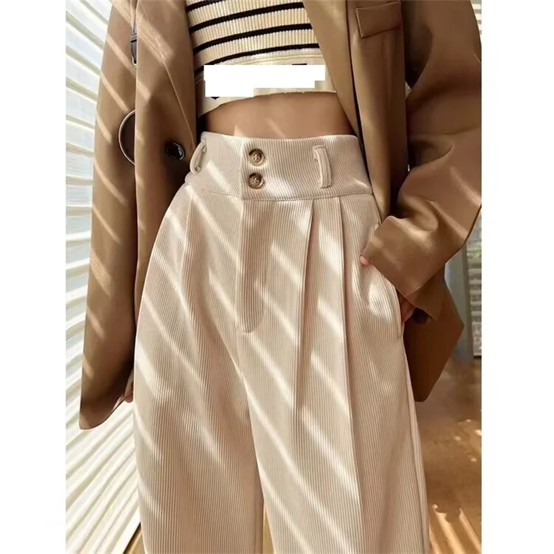 White Corduroy High Waisted Wide Leg Pants For Women Autumn And Winter Velvet Straight Leg Pants Floor Chenille Suit Trousers