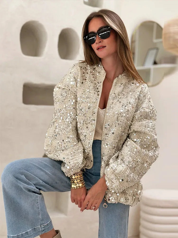 Sparkly Women's Loose Fit Sequin Jacket Coat Stand Collar Zip-Up Silver Cropped Outerwears Chic Autumn Casual Daily Streetwear