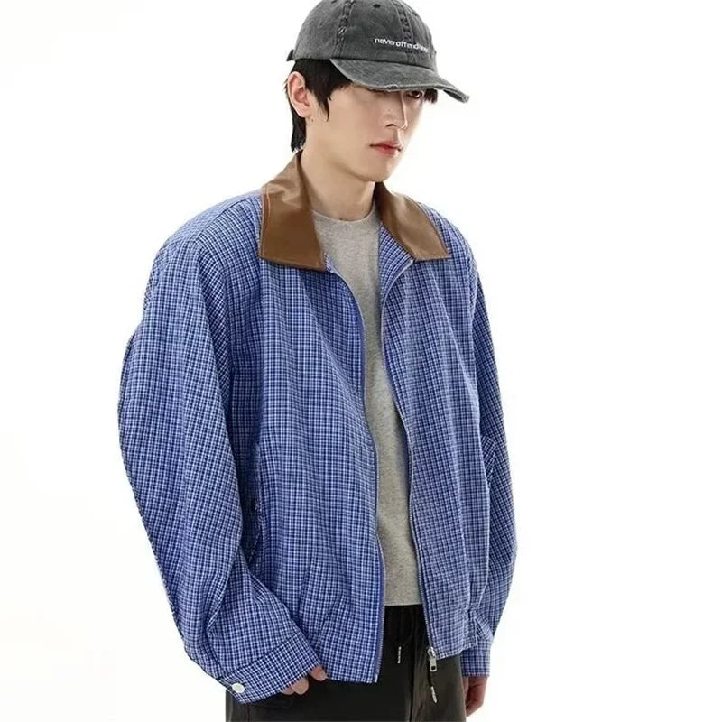 2025 Autumn High Street Plaid Jackets For Men Casual Y2K Vintage Streetwear Zipper Coats Hip Hop Fashion Motorcycle Jacket