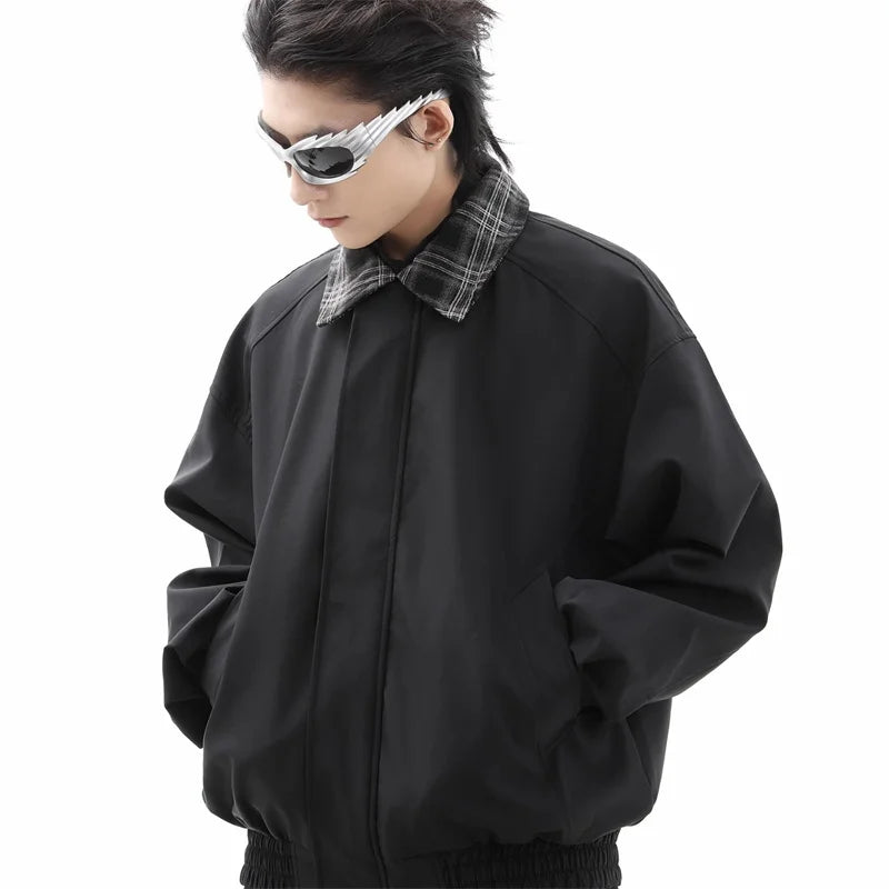 2025 New Plaid Lapel Fake Two-piece Zipper Jacket Men's High Street Fashion Outerwear Coats American Retro Y2K jaqueta masculina