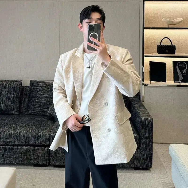 LUZHEN Design Cloud Pattern Jacquard Trendy Loose Edition Casual Double Breasted Suit Jackets Handsome Korean Blazer Male LZ8767