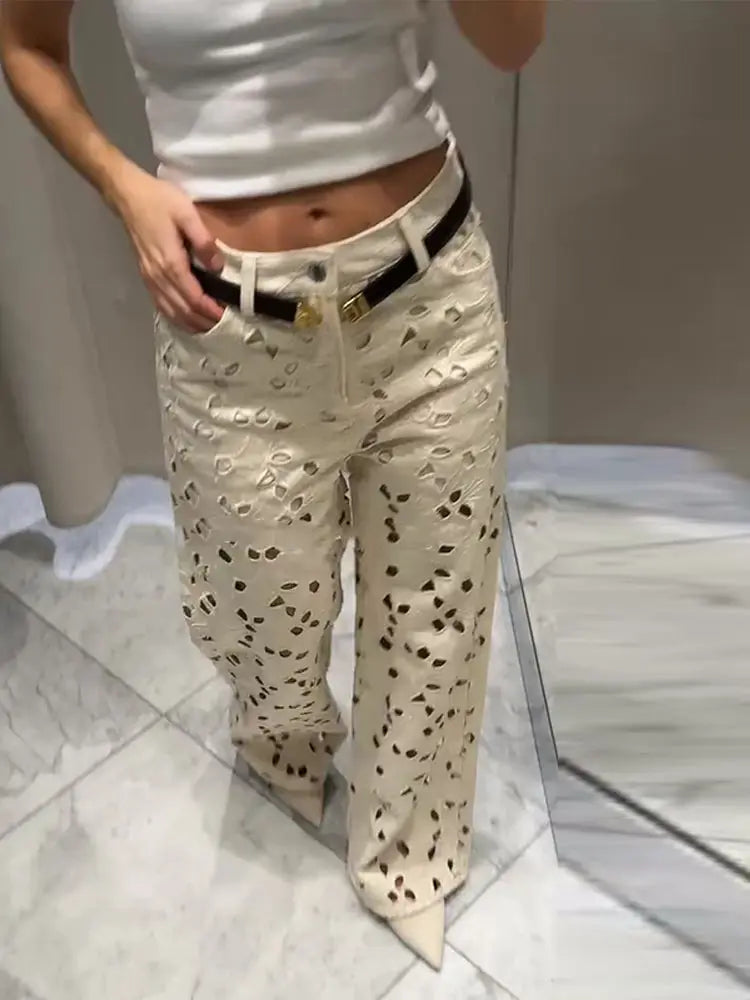 Chic Beige Mid-Rise Cut-Out Denim Jeans Pant For Women Designer Women's Wide Leg Baggy Pants Casual Daily Streetwear Trousers
