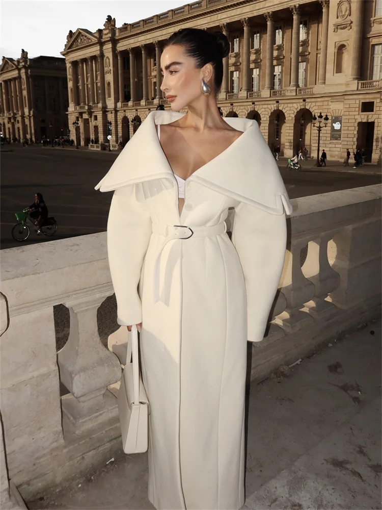Elegant Women's Wool Blend Maxi Dress Coat Oversized Cape Lapel Belted Chic Outerwear Loose Warm Autumn Winter Fashion Outfit