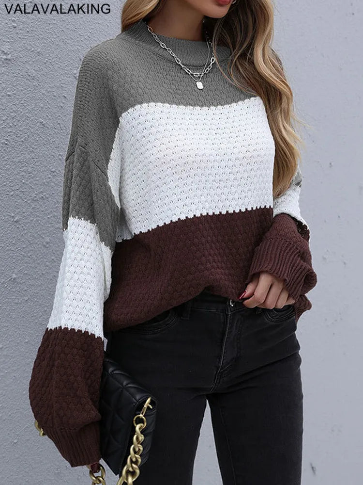 2025 Winter Solid Patchwork Knitted Sweater Women Long Sleeve Loose Pullover Autumn Lady Half High Collar Casual Warm Jumper